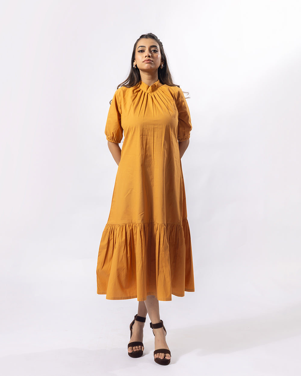 Mustard Stand Collar Midi