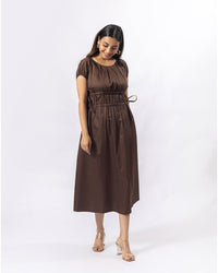 Brown Pleated Midi Dress