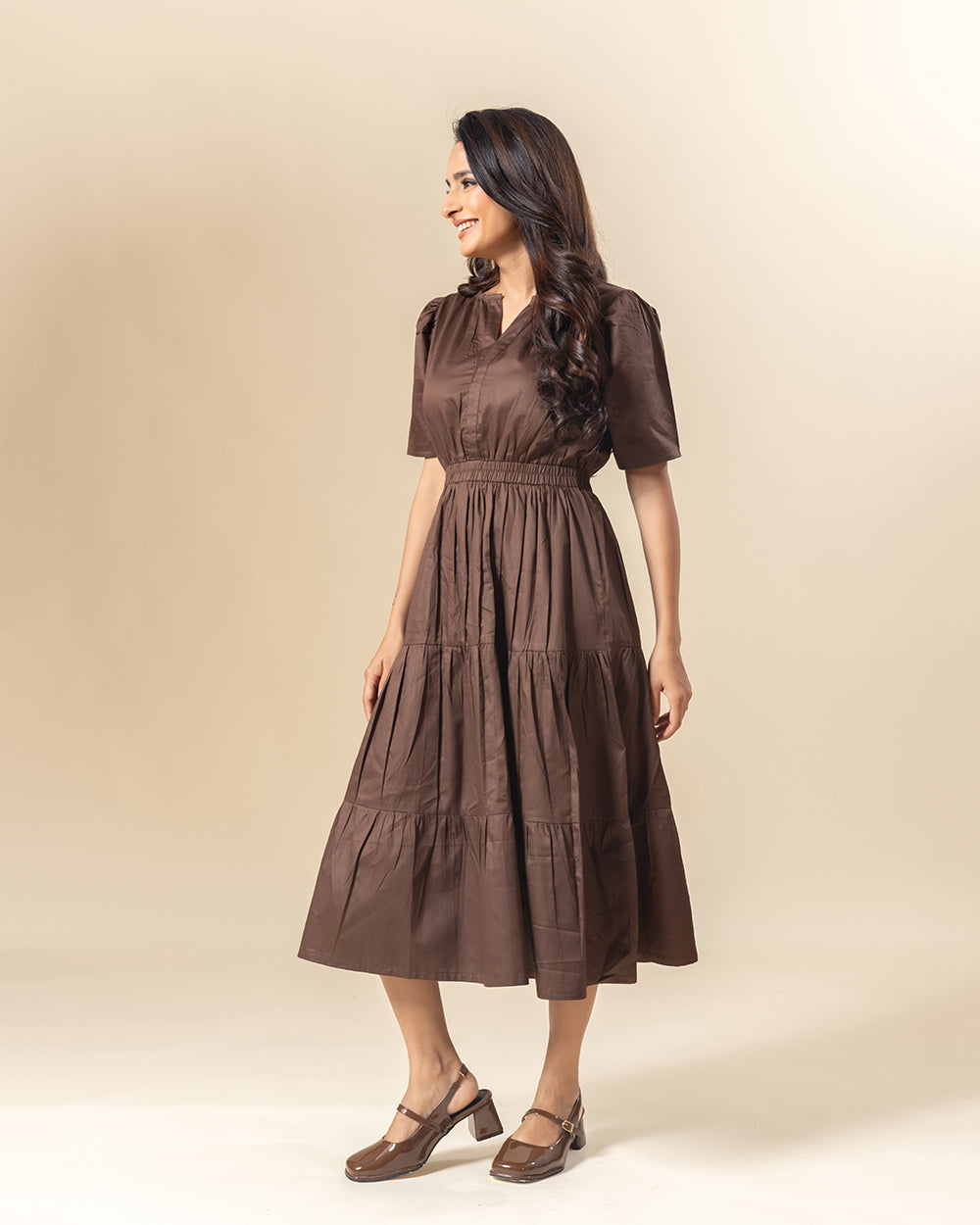 Mocha Pleat Midi Dress