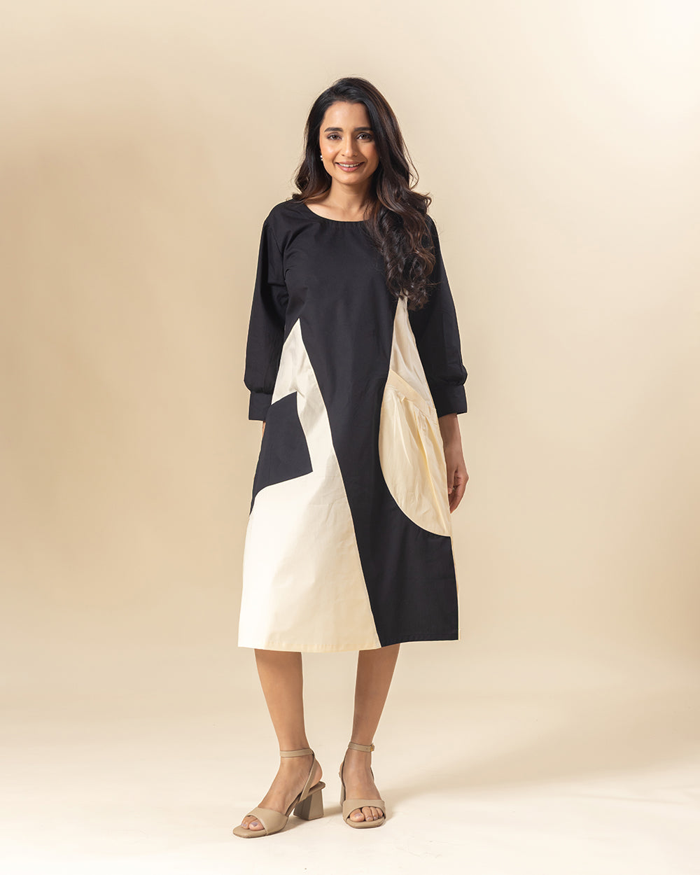 monochrome dress midi ASOS DESIGN hybrid midi dress with asymmetric dropped waist in monochrome