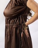 Brown Pleated Midi Dress