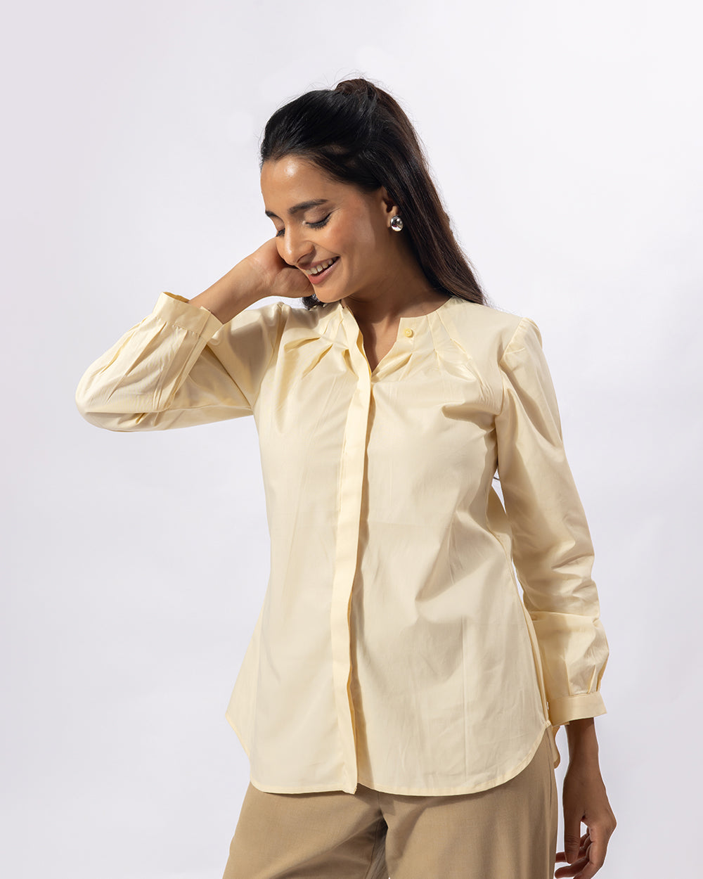 Cream Pleat Collar Shirt