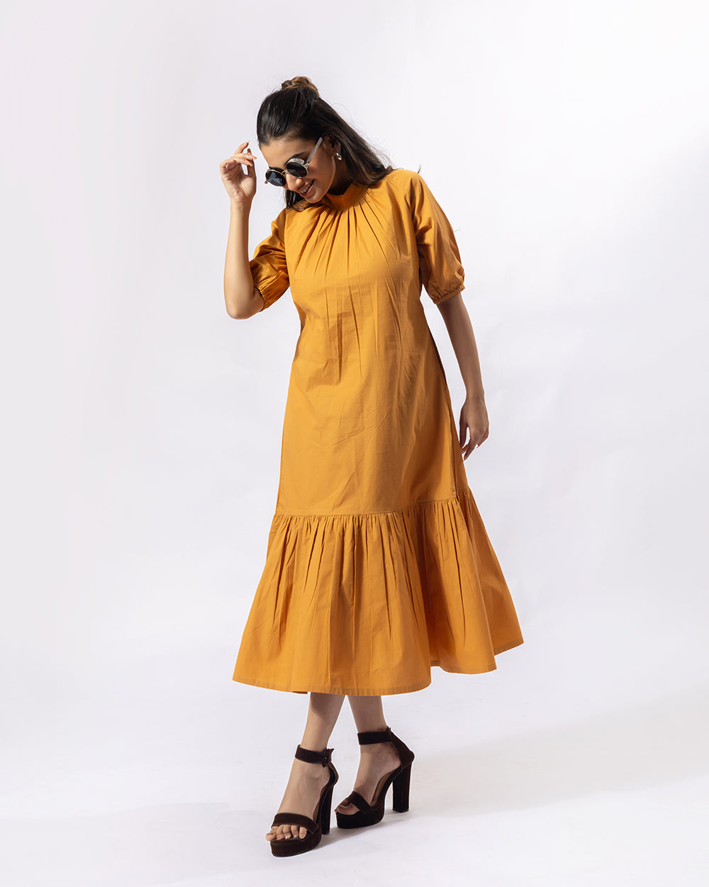 Mustard Stand Collar Midi