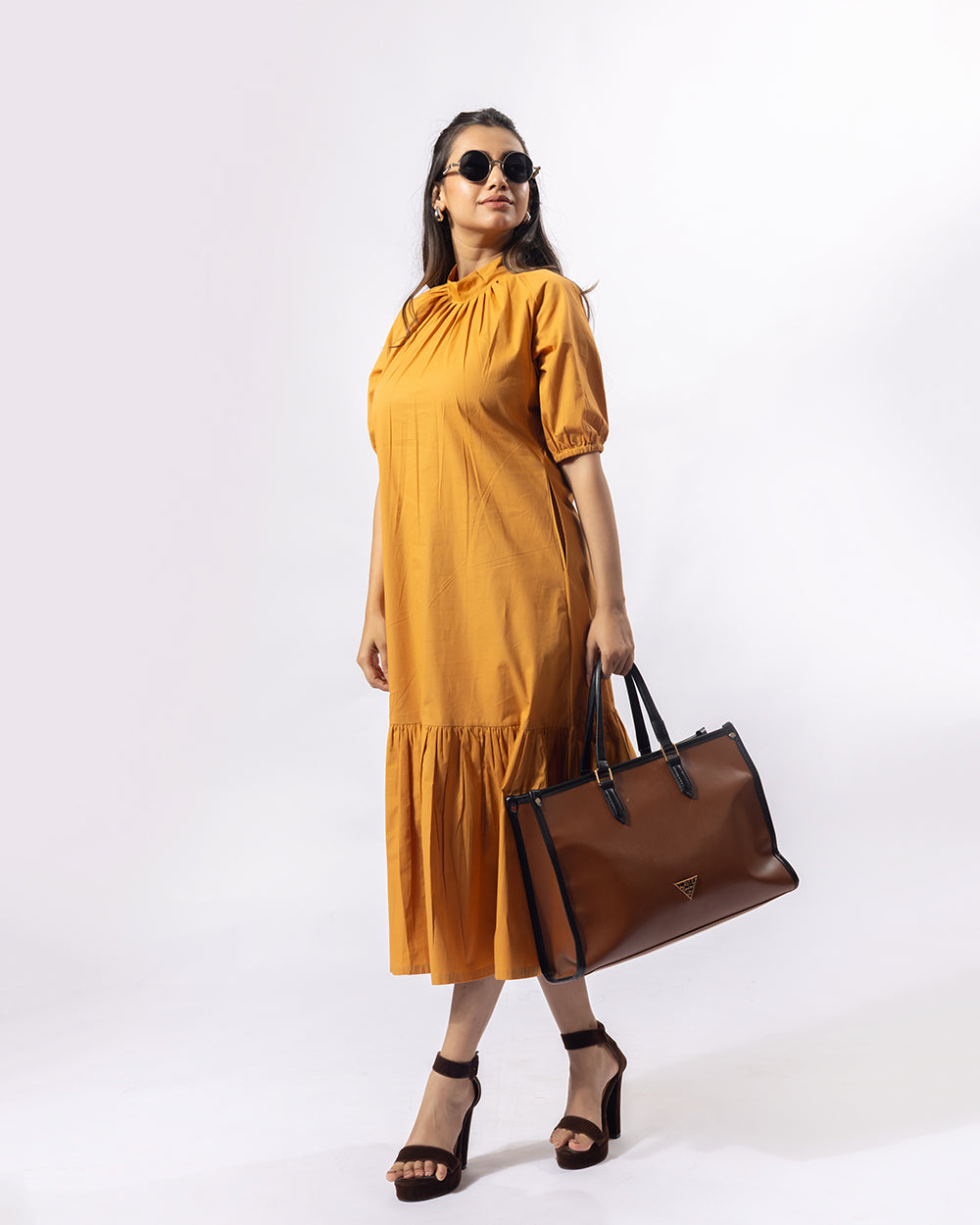 Mustard Stand Collar Midi