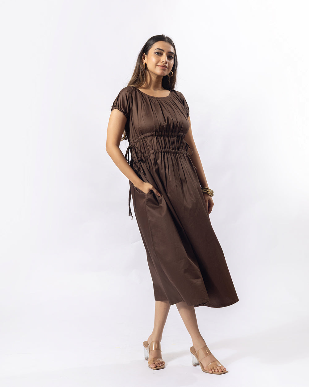 Brown Pleated Midi Dress