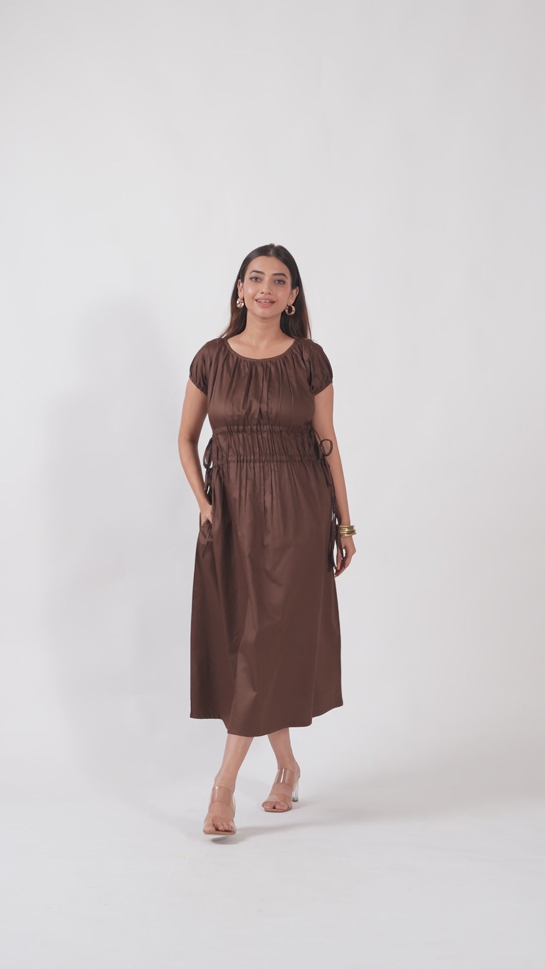 Brown Pleated Midi Dress